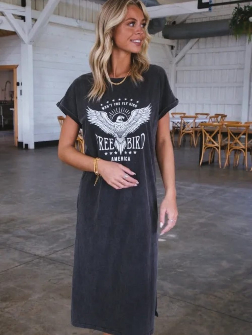 Zutter Free Bird Black Graphic T-Shirt Dress (hits above knee)